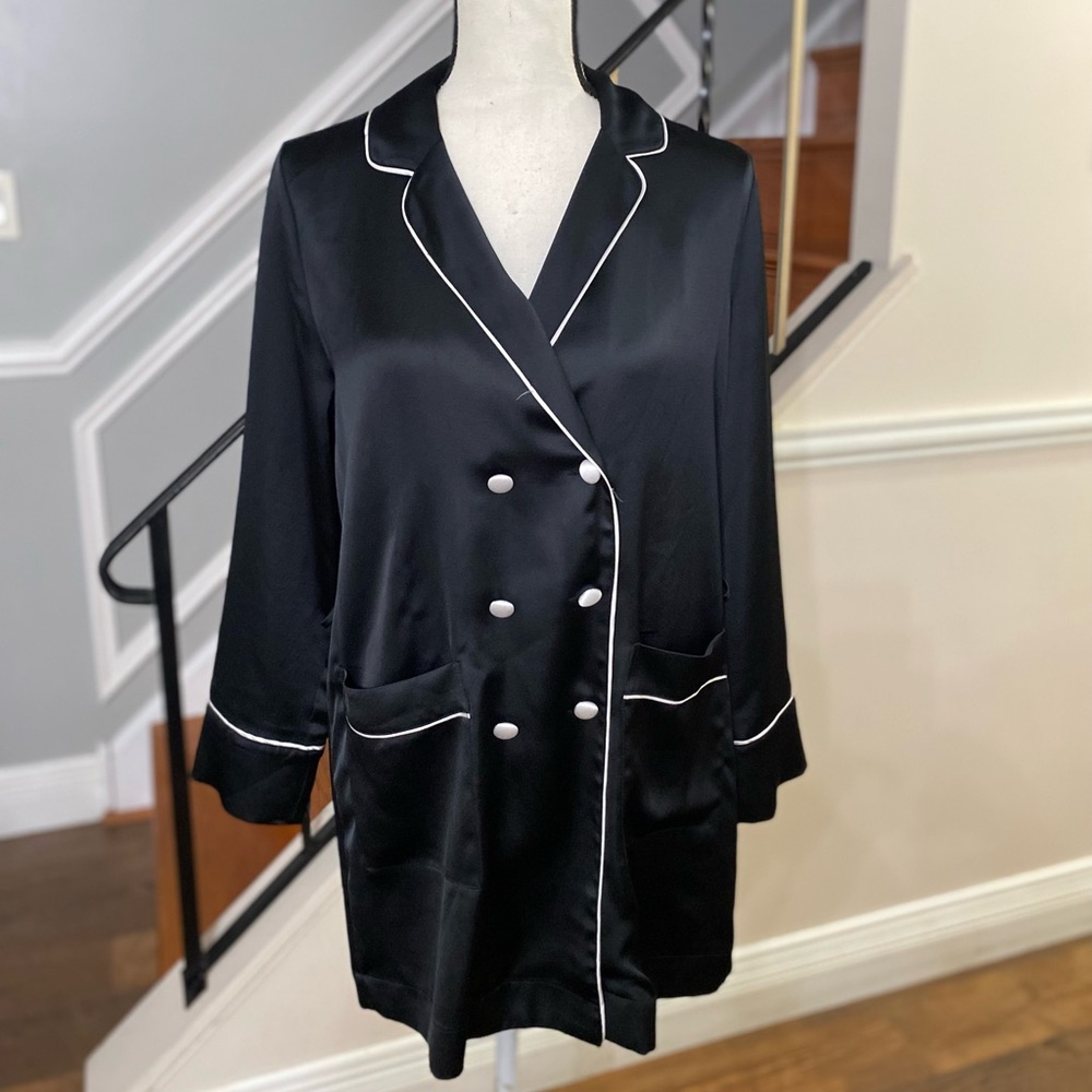 Victoria's Secret Black Satin Double-Breasted Robe with White Piping